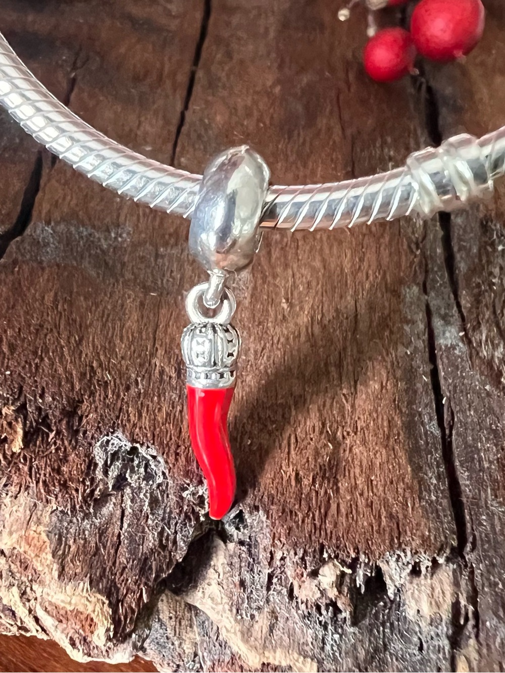 Authentic Pandora Charm Corno Italian Lucky Horn Red Enamel Chilli Luck Pendant